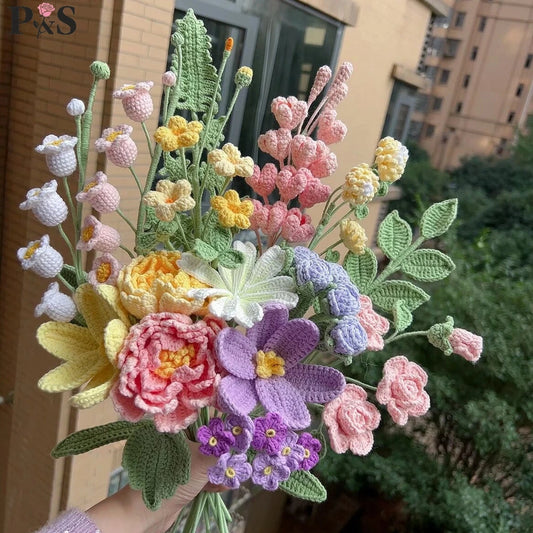 Crochet Flowers Bouquet Handmade Luxury Artifical Flowers Peony Tulip Rose Fake Flowers Wedding Home Decoration Gifts for Lover