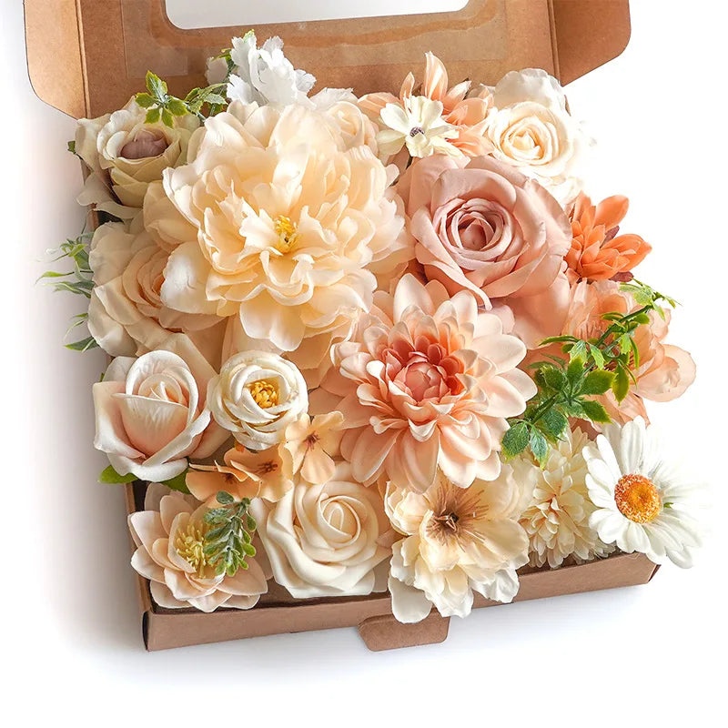 Yannew Terracotta Artificial Flowers Combo Box for DIY Wedding Bridal Bouquets Champagne Flower with Stem Arrangement Cake Decor