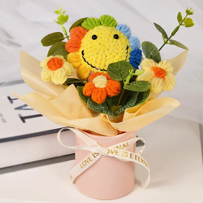 Finished Crochet Sunflowers Potted Artificial Flowers Bouquets Home Table Car Interior Decor Christmas Graduation Birthday Gifts