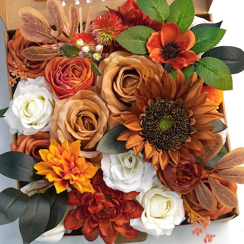 Yannew Terracotta Artificial Flowers Combo Box for DIY Wedding Bridal Bouquets Champagne Flower with Stem Arrangement Cake Decor