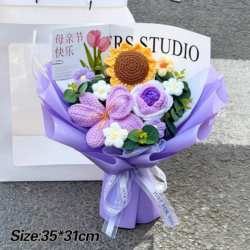 Crochet Flower Bouquet Teachers Day Gift Handmade Knitted Flower Bouquet Finished Handwoven Flower Wedding Flower Christmas Gift