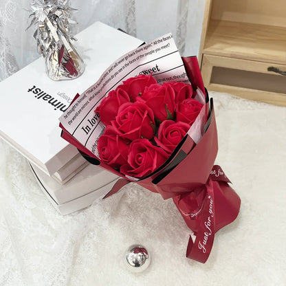 9 Heads Artificial Rose Bouquet Hand Holding Red Flower Birthday Valentine's Day Gift Wedding Bride Decoration Artificial Flower