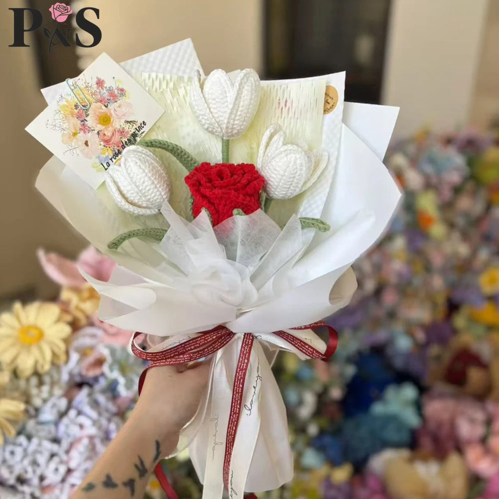 Tulips Crochet Flower Bouquet Handmade Luxury Purple Knitted Finished Artifical Flowers Wedding Home Decoration Gifts for Mother