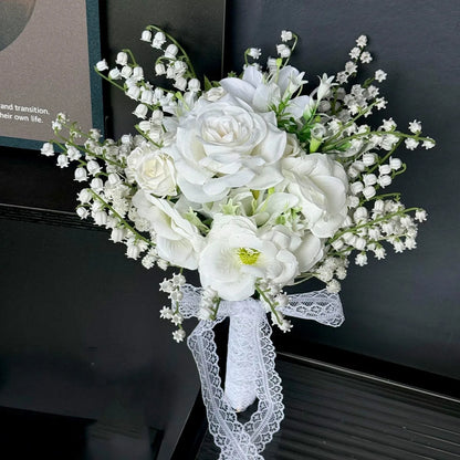Korean Style Artificial Bridal Hand Bouquet, Tulip Mixed Flower with Ribbon for Wedding Photoshoot, Registry & Party Decor Props