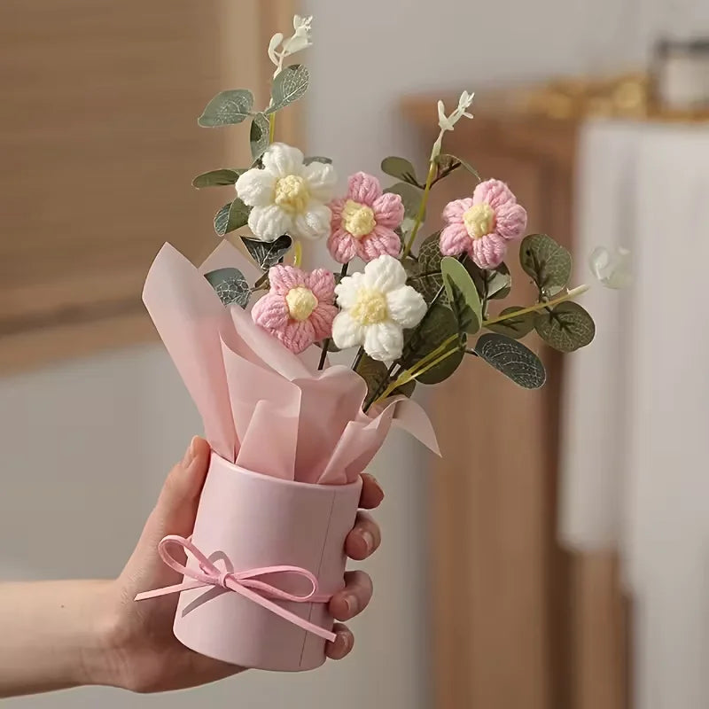 Handmade Bouquet with Pink Vase Including 5 Crocheted Flowers, Fabric Wrapping Paper and Ribbon - Mother's Day, Valentine's Day