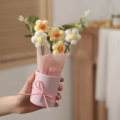 Handmade Bouquet with Pink Vase Including 5 Crocheted Flowers, Fabric Wrapping Paper and Ribbon - Mother's Day, Valentine's Day