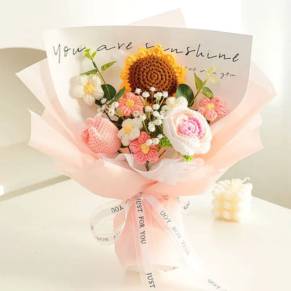 Valentine’s Day Crochet Rose Bouquet Finished Knitted Flowers Realistic Artificial Roses Birthday Gift for Mom Loved Ones