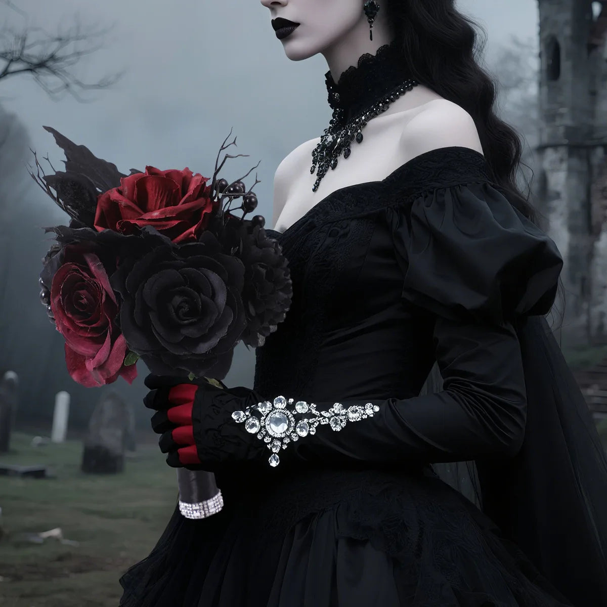 Yannew Black Burgundy Gothic Bridal Bouquets for Bride Bridesmaids Artifiicial Silk Foam Roses Flower Wedding Bouquet Halloween