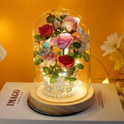 Eternal Red Rose Artificial Flowers with LED Light Creative Valentine's Day Gift Rose in Glass Cover Simulation Rose Flower