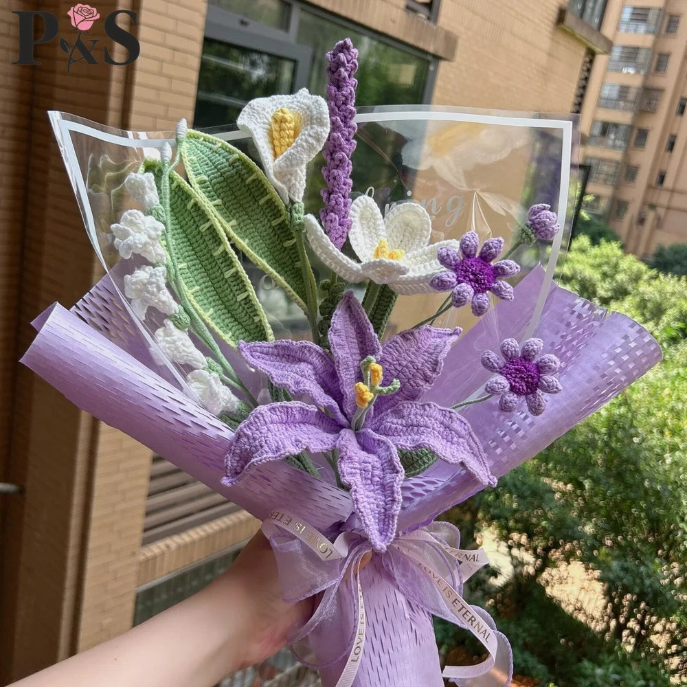 Crochet Flower Bouquet Handmade Knitted Lily Tulip Hyacinth Purple Artifical Flower Home Decoration Gifts for Birthday Wedding