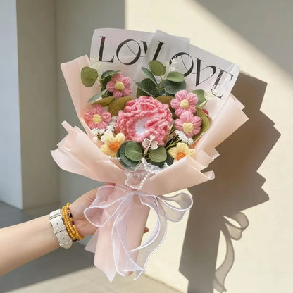 Handmade Finished Crochet Roses Sunflower Carnation Artificial Flower Bouquets Preserved Wedding Birthday Gradation Gifts