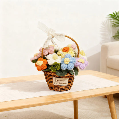 1pc Handmade Crochet Flower Bouquet, Knitted Daisy Flower Basket for Mother's Day, Christmas, Thanksgiving, Desk, Home Decor
