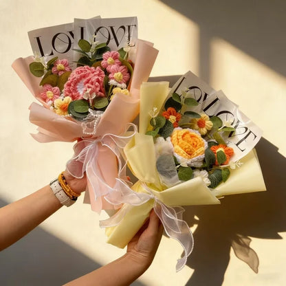 Handmade Finished Crochet Roses Sunflower Carnation Artificial Flower Bouquets Preserved Wedding Birthday Gradation Gifts