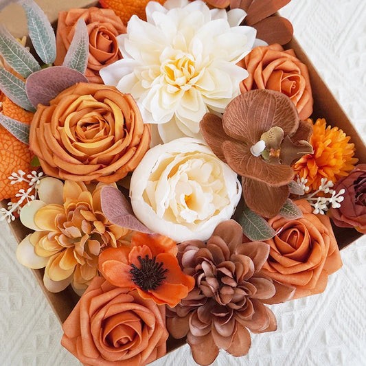 Yannew Terracotta Artificial Flowers Combo Box for DIY Wedding Bridal Bouquets Champagne Flower with Stem Arrangement Cake Decor
