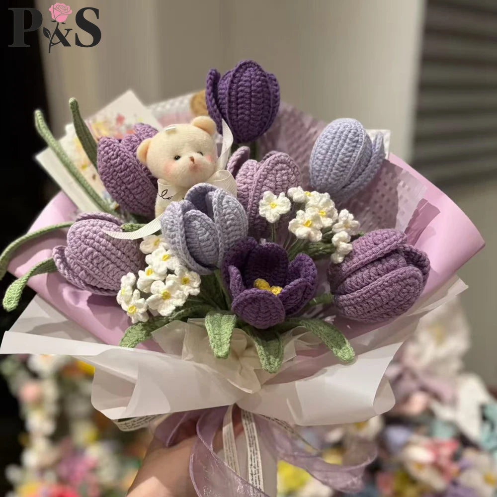 Tulips Crochet Flower Bouquet Handmade Luxury Purple Knitted Finished Artifical Flowers Wedding Home Decoration Gifts for Mother