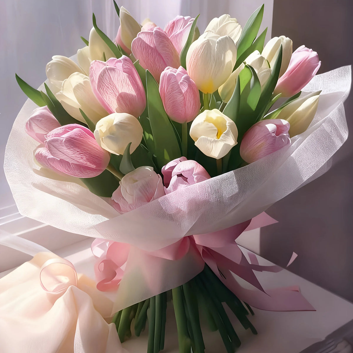 A Set of 12 Realistic Cream and Pink Artificial Tulips Elegant Floral Arrangement with Stems for Home Office Wedding