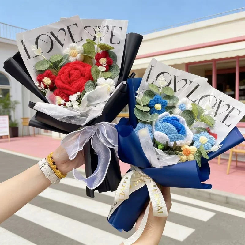Handmade Finished Crochet Roses Sunflower Carnation Artificial Flower Bouquets Preserved Wedding Birthday Gradation Gifts