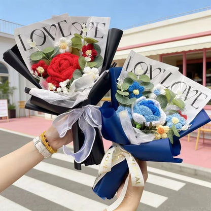 Handmade Finished Crochet Roses Sunflower Carnation Artificial Flower Bouquets Preserved Wedding Birthday Gradation Gifts