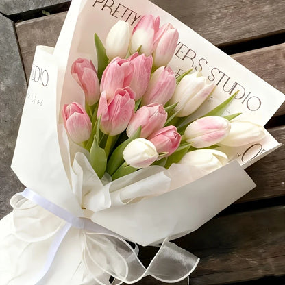 A Set of 12 Realistic Cream and Pink Artificial Tulips Elegant Floral Arrangement with Stems for Home Office Wedding