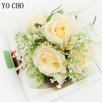 Bridal Bridesmaids Bouquets with Bowknot Ivory Roses Silk Flowers Bouquet for Valentine's Day Marriage Wedding Bride Photography