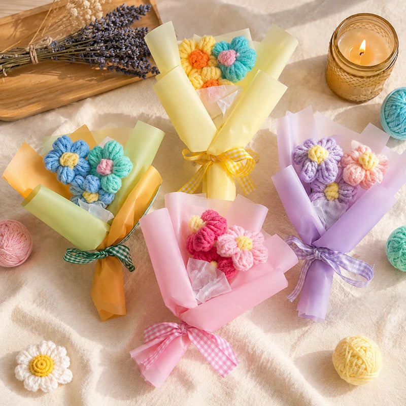 Mini Crochet Flower Bouquet Handmade Artificial Flower Woven Bouquet Wedding Guests Gift Christmas Gifts