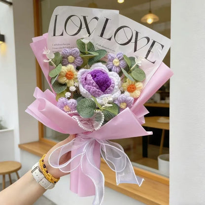 Handmade Finished Crochet Roses Sunflower Carnation Artificial Flower Bouquets Preserved Wedding Birthday Gradation Gifts
