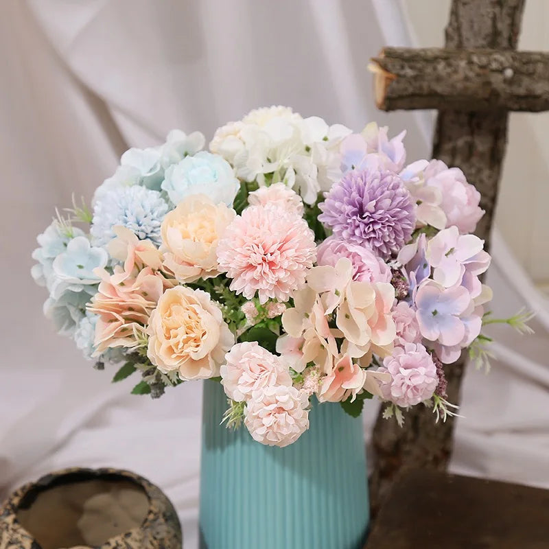 Artificial Flowers Rose Wedding Bouquet Fake Hydrangea Chrysanthemum Ball Flowers Bunch for Wedding Home Decoration Centerpieces