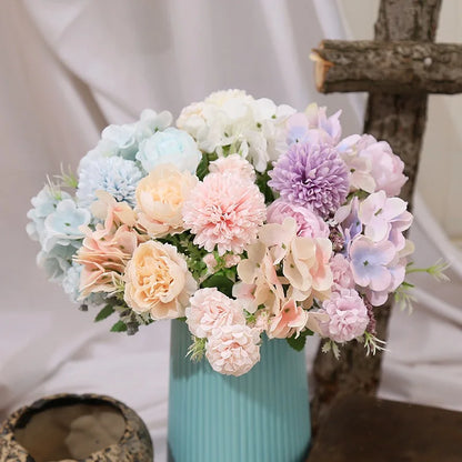 Artificial Flowers Rose Wedding Bouquet Fake Hydrangea Chrysanthemum Ball Flowers Bunch for Wedding Home Decoration Centerpieces