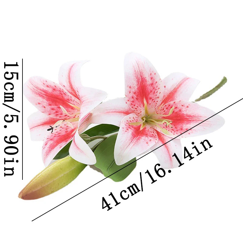Artificial Silk Flowers Fake Lily Bouquet 41cm Long DIY Creative Two Flowers One Bud Branch Home Decoration Arrangement Flower