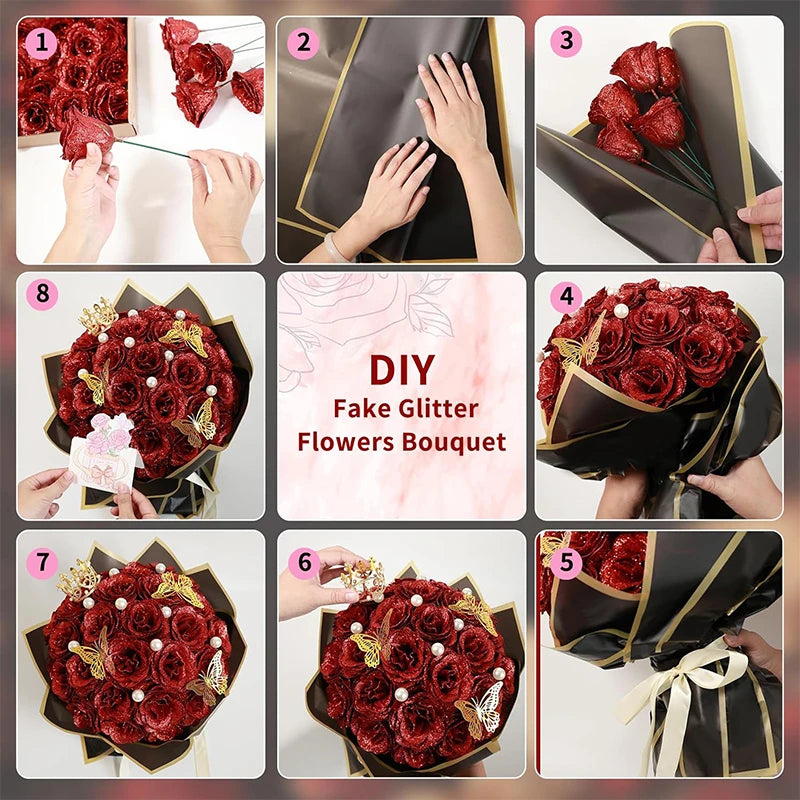 10Pcs/set Red Glitter Roses Bouquet DIY Gift Set Artificial Flower for Valentines Mother's Day Gift Home Wedding Decoration
