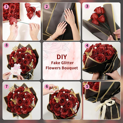 10Pcs/set Red Glitter Roses Bouquet DIY Gift Set Artificial Flower for Valentines Mother's Day Gift Home Wedding Decoration