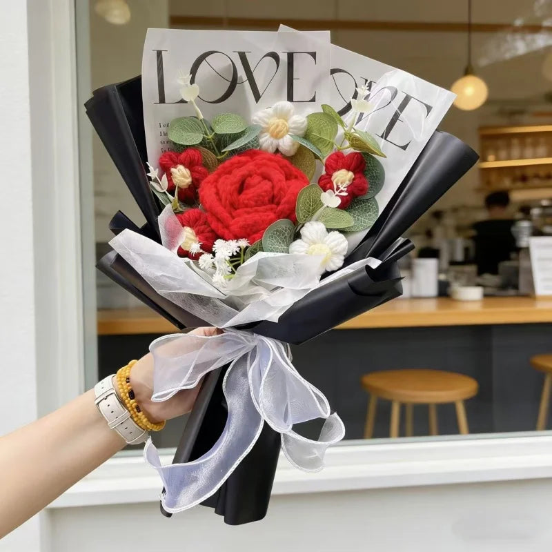 Handmade Finished Crochet Roses Sunflower Carnation Artificial Flower Bouquets Preserved Wedding Birthday Gradation Gifts