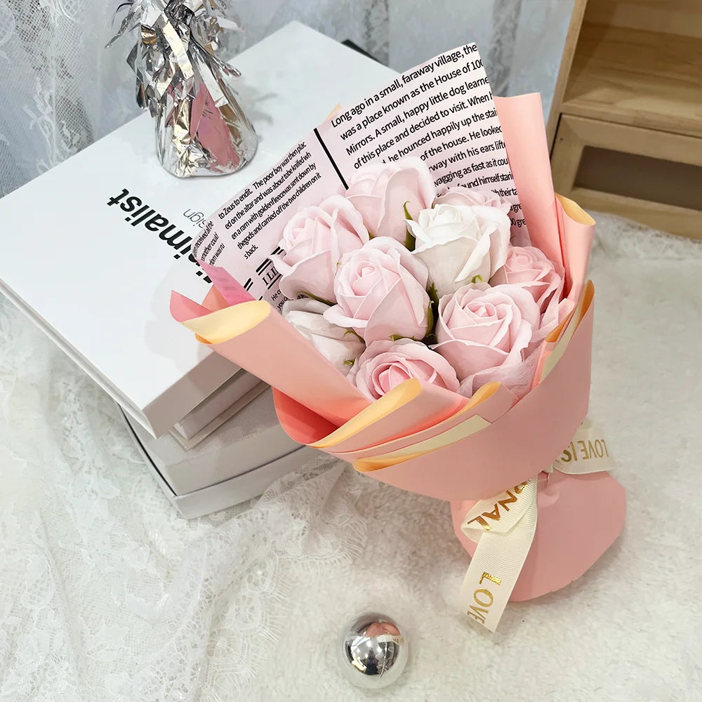 9 Heads Artificial Rose Bouquet Hand Holding Red Flower Birthday Valentine's Day Gift Wedding Bride Decoration Artificial Flower