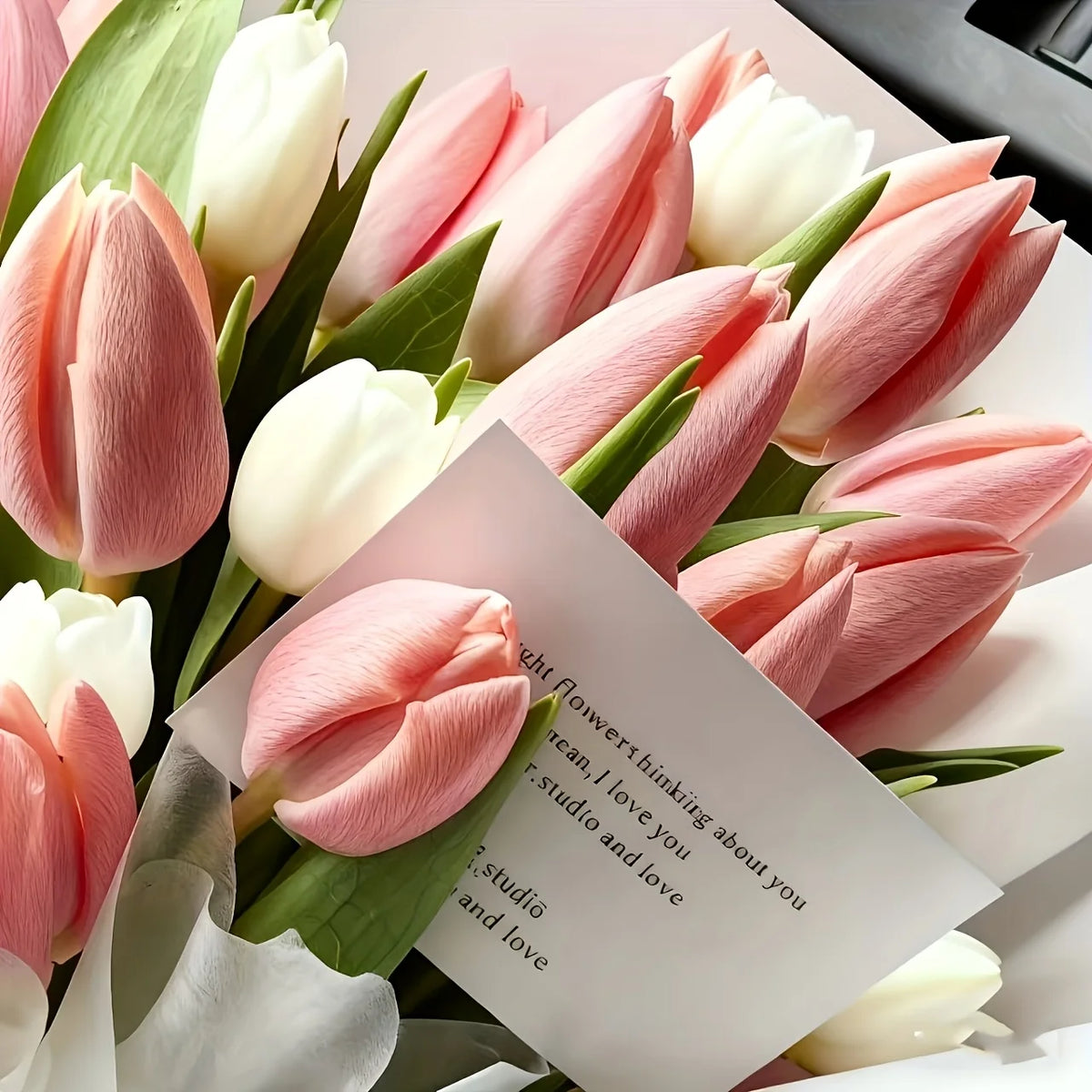 A Set of 12 Realistic Cream and Pink Artificial Tulips Elegant Floral Arrangement with Stems for Home Office Wedding