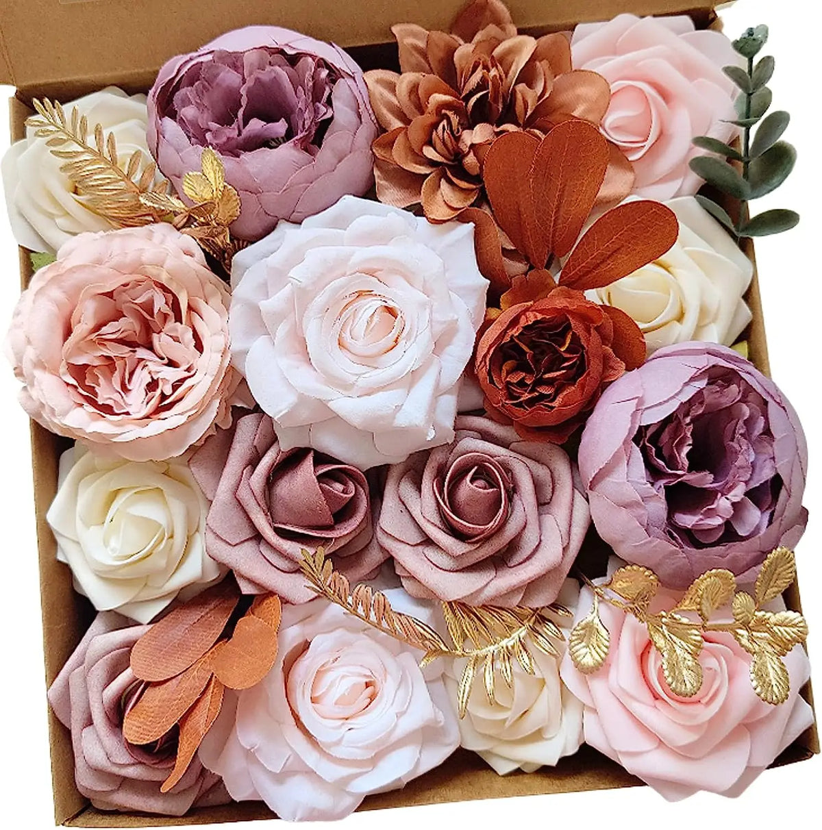 Yannew Terracotta Artificial Flowers Combo Box for DIY Wedding Bridal Bouquets Champagne Flower with Stem Arrangement Cake Decor