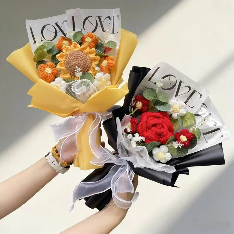 Handmade Finished Crochet Roses Sunflower Carnation Artificial Flower Bouquets Preserved Wedding Birthday Gradation Gifts