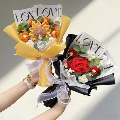 Handmade Finished Crochet Roses Sunflower Carnation Artificial Flower Bouquets Preserved Wedding Birthday Gradation Gifts