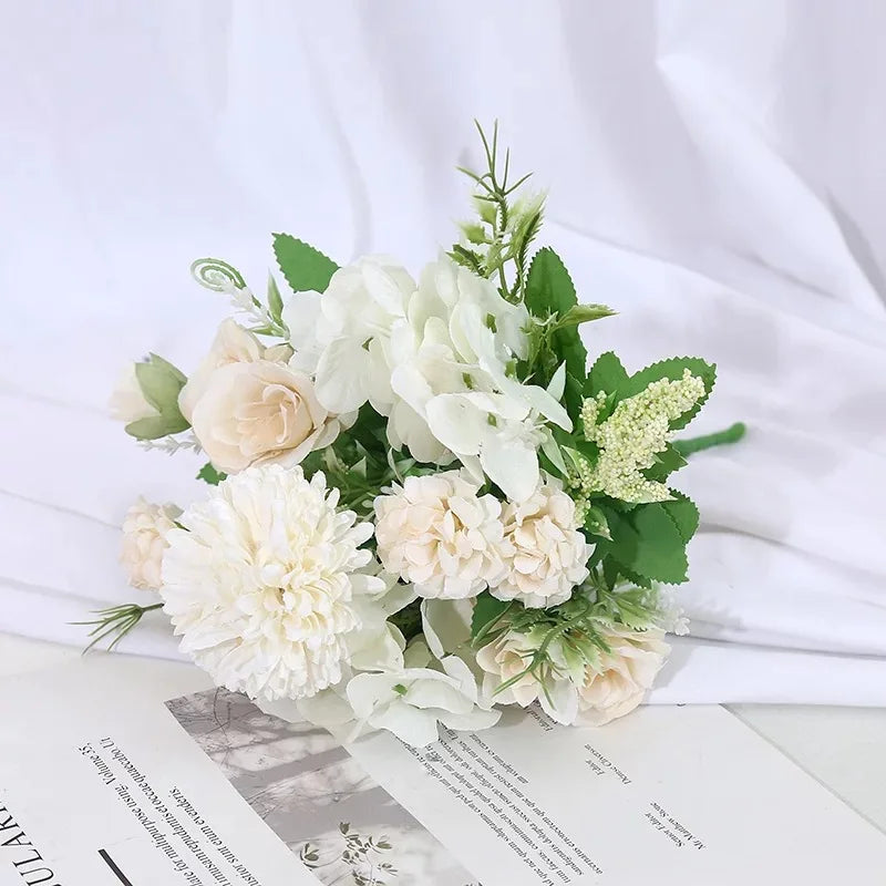 Artificial Flowers Rose Wedding Bouquet Fake Hydrangea Chrysanthemum Ball Flowers Bunch for Wedding Home Decoration Centerpieces