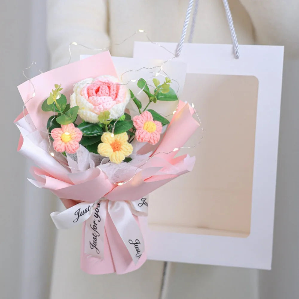New Cotton Crochet Flower Bouquet Woven With Lamp Knitted Flower Artificial Handmade Artificial Flowers Graduation Gifts