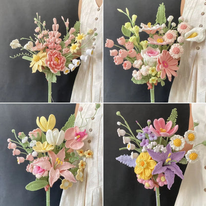 Crochet Flowers Bouquet Handmade Luxury Artifical Flowers Peony Tulip Rose Fake Flowers Wedding Home Decoration Gifts for Lover