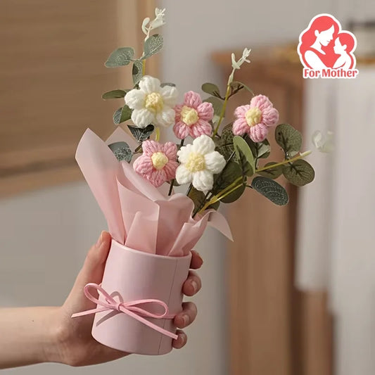 Handmade Bouquet with Pink Vase Including 5 Crocheted Flowers, Fabric Wrapping Paper and Ribbon - Mother's Day, Valentine's Day