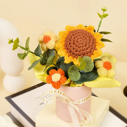 Finished Crochet Sunflowers Potted Artificial Flowers Bouquets Home Table Car Interior Decor Christmas Graduation Birthday Gifts
