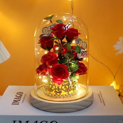 Eternal Red Rose Artificial Flowers with LED Light Creative Valentine's Day Gift Rose in Glass Cover Simulation Rose Flower
