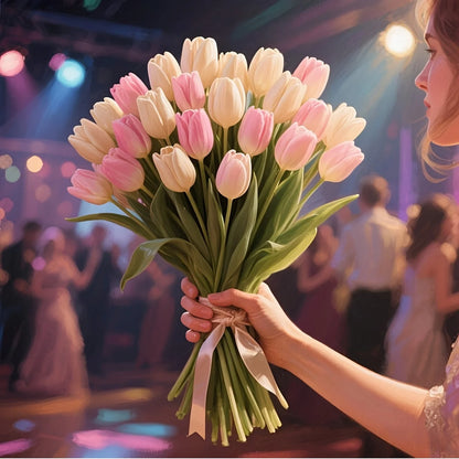 12pcs Real Touch Artificial Tulip Flowers Bouquet - Realistic Multi-Bloom Tulips with Foliage, Wedding/Mother's Day Decor