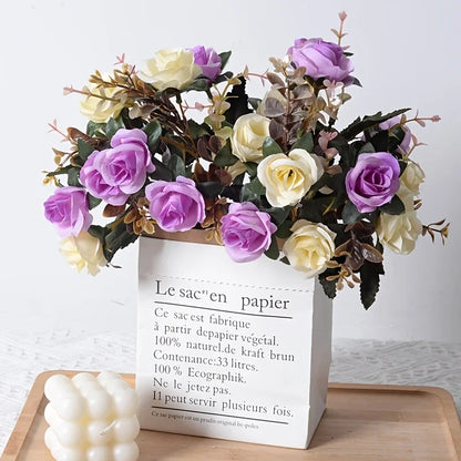 12 Heads Rose Artificial Flowers Fake Two Color Flowers with Stems Faux Roses Flower Bouquets Home Wedding Christmas Party Decor