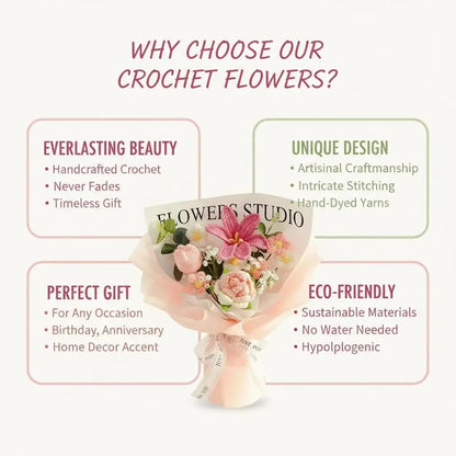 Valentine’s Day Crochet Rose Bouquet Finished Knitted Flowers Realistic Artificial Roses Birthday Gift for Mom Loved Ones