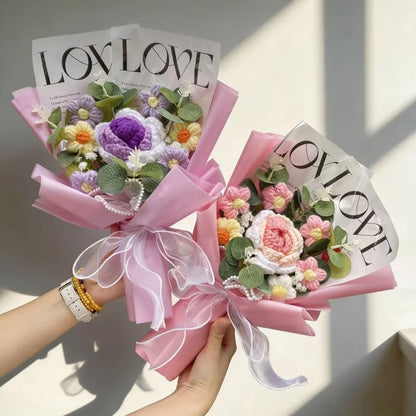 Handmade Finished Crochet Roses Sunflower Carnation Artificial Flower Bouquets Preserved Wedding Birthday Gradation Gifts