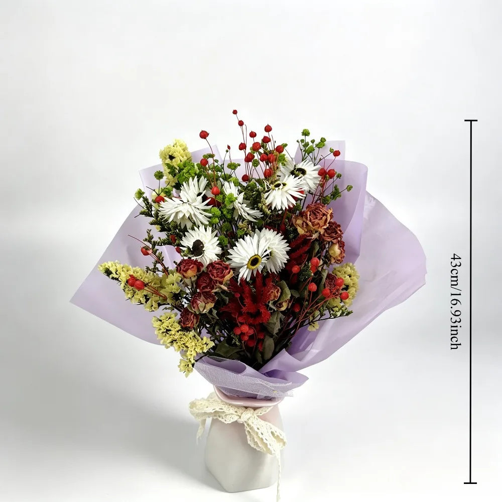 Mixed Natural Dried Flower Bouquet, Dried Rose African Daisy Yellow Statice Lover Grass Acacia Beans Gypsophila, Purple Wrapped Floral, Home Wedding Party Table Decor, Holiday Gift for Women