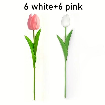 12pcs Real Touch Artificial Tulip Flowers Bouquet - Realistic Multi-Bloom Tulips with Foliage, Wedding/Mother's Day Decor