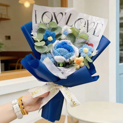Handmade Finished Crochet Roses Sunflower Carnation Artificial Flower Bouquets Preserved Wedding Birthday Gradation Gifts